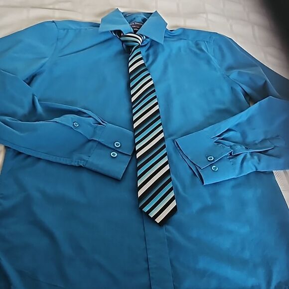 Vroom & Dreesmann Men's Button Down Long Sleeves Shirt With Tie Small Blue - Picture 15 of 16